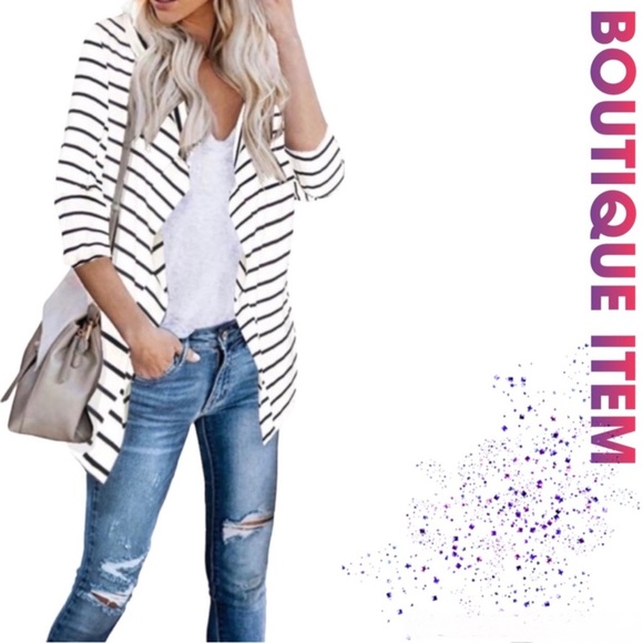 Handkerchief Cut Casual Black/White Striped ¾ Sleeve Cardigan! - Picture 2 of 2